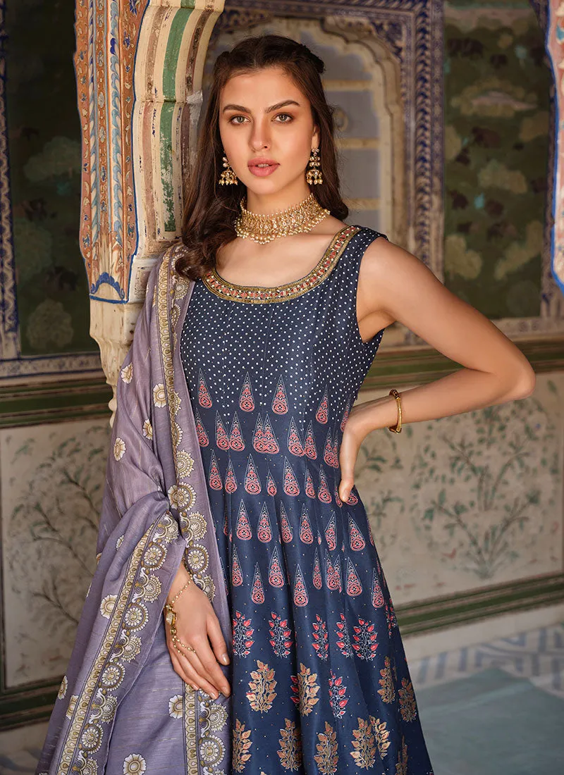 Blue Stone Work Embroidery Ajrakh Printed Anarkali Gown