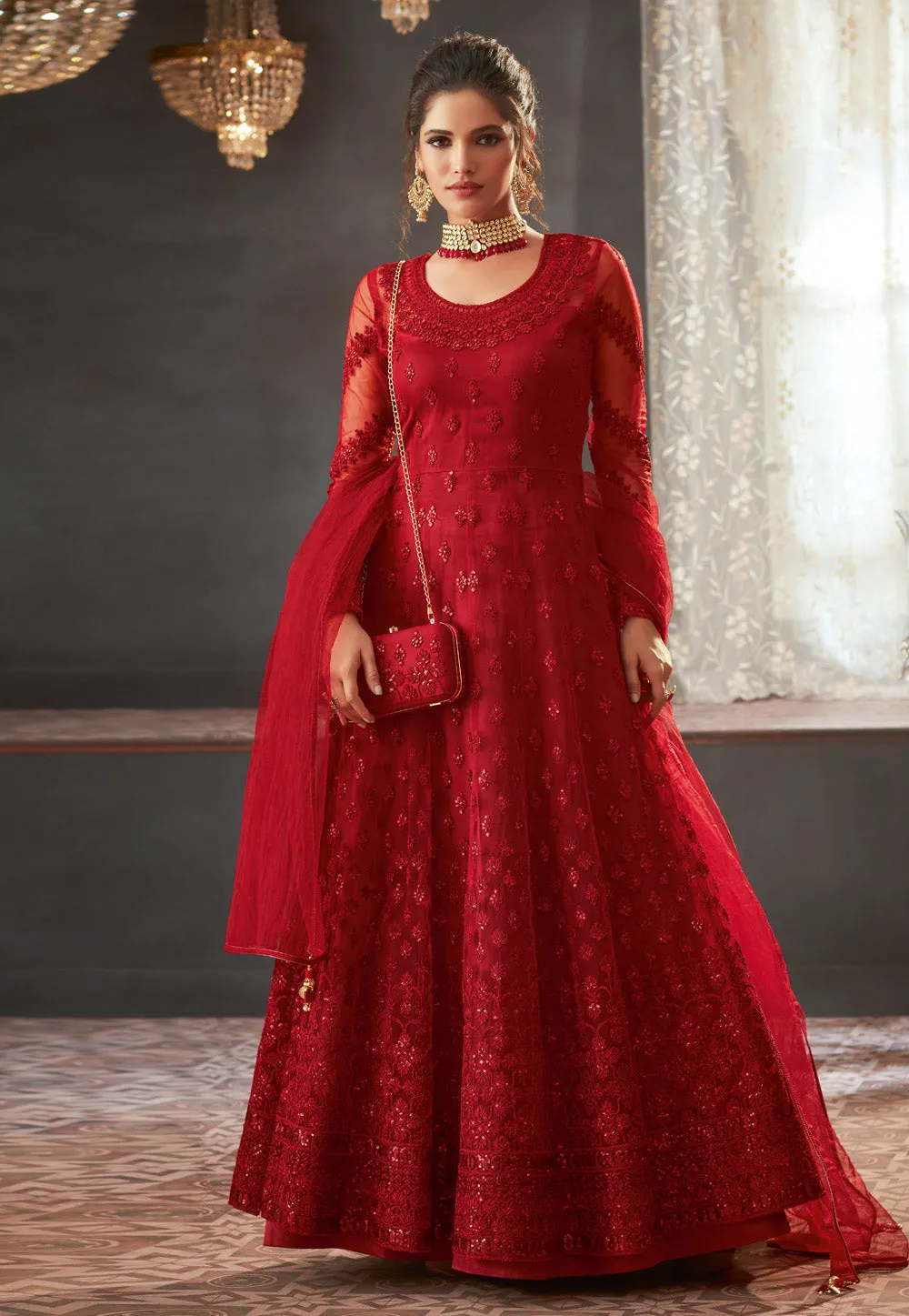 Bridal Red Embroidered Anarkali Gown