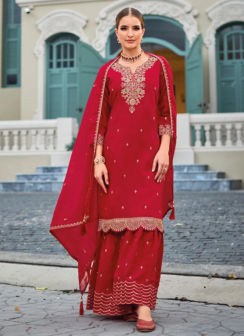 Bridal Red Handwork Embroidery Sharara Palazzo Suit