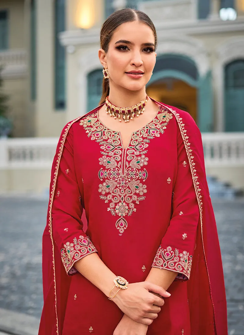 Bridal Red Handwork Embroidery Sharara Palazzo Suit