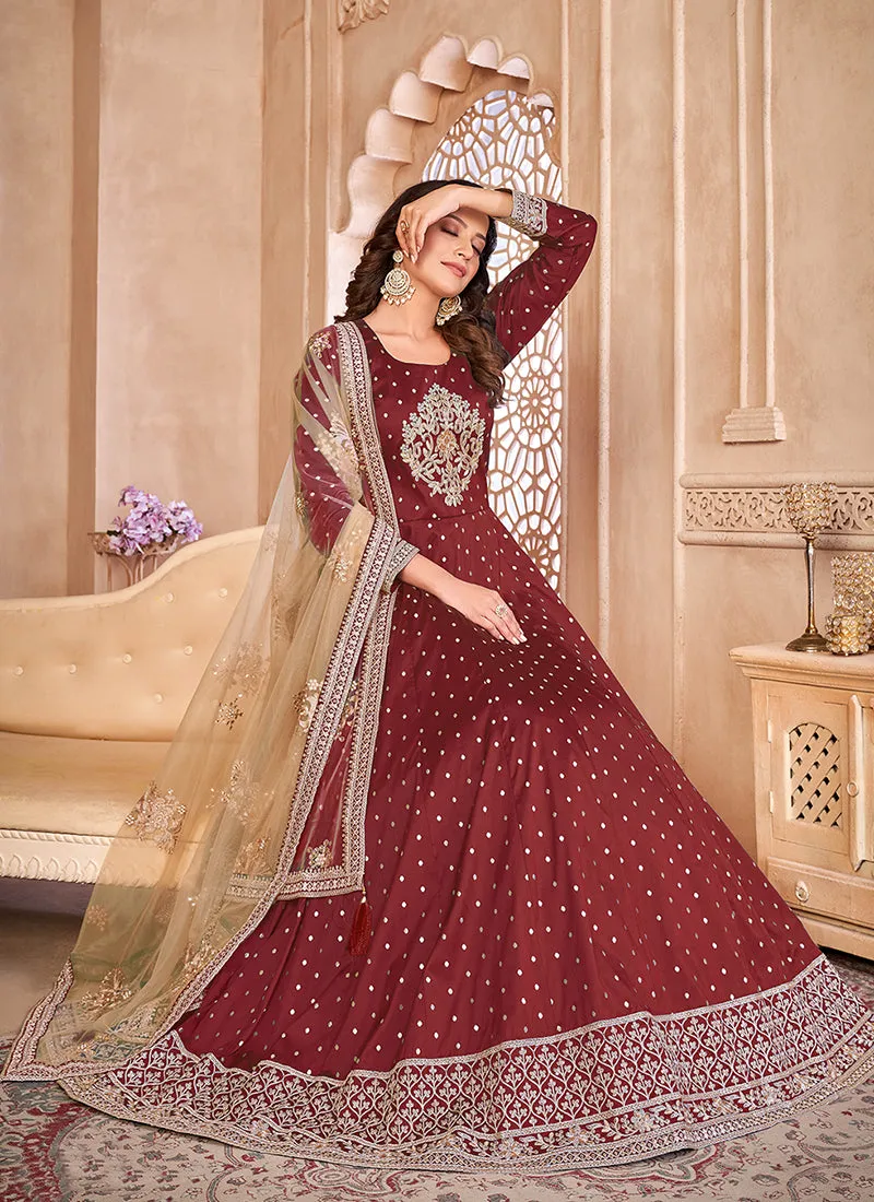 Bridal Red Handwork Embroidery Silk Anarkali Suit