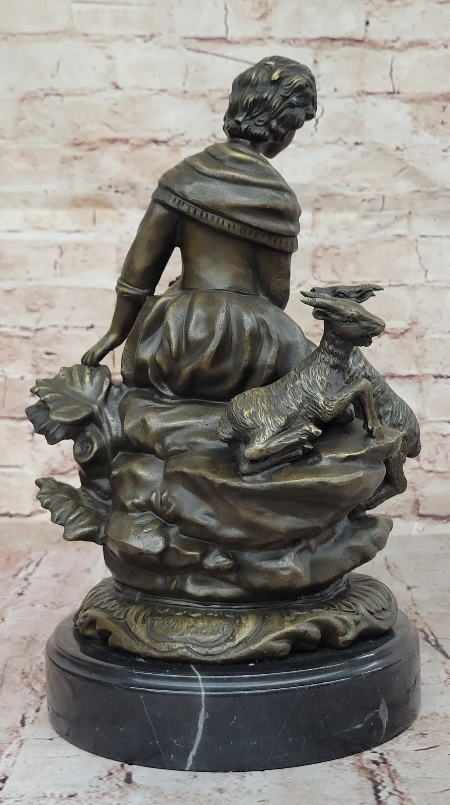 Bronze Sculpture of Victorian Woman Farmer with Goats Signed Hand Made Vintage Artwork