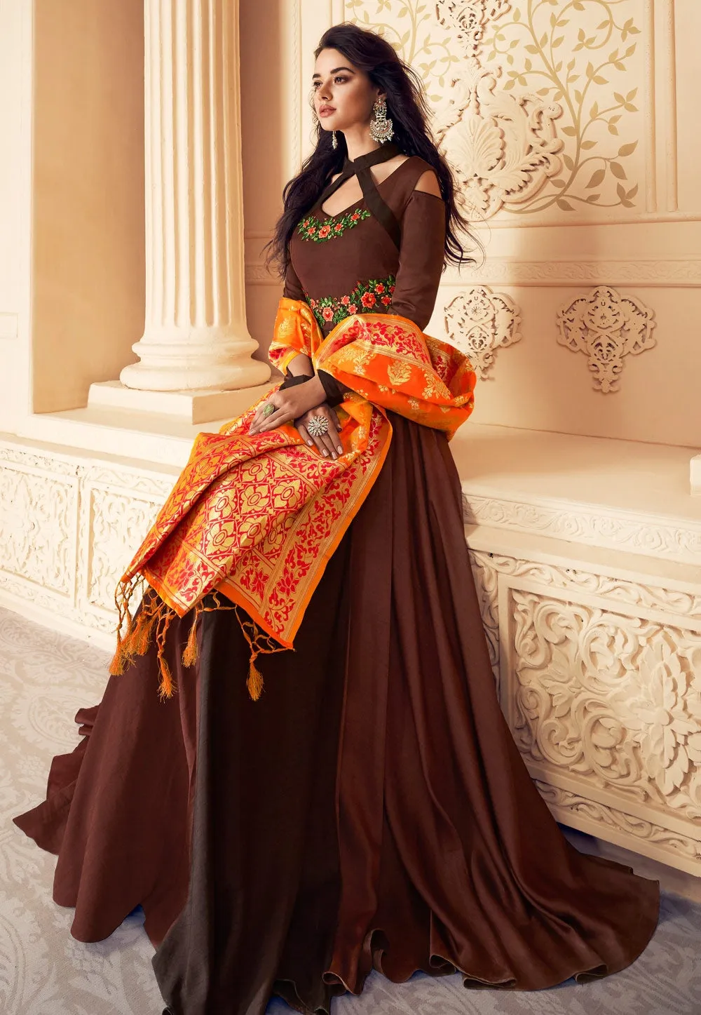 Brown And Orange Embroidered Satin Anarkali Suit