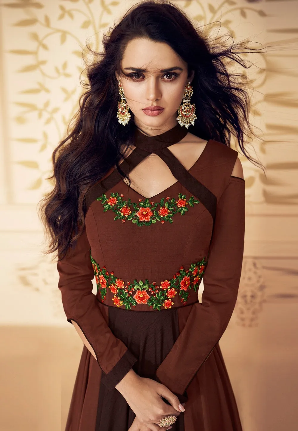 Brown And Orange Embroidered Satin Anarkali Suit