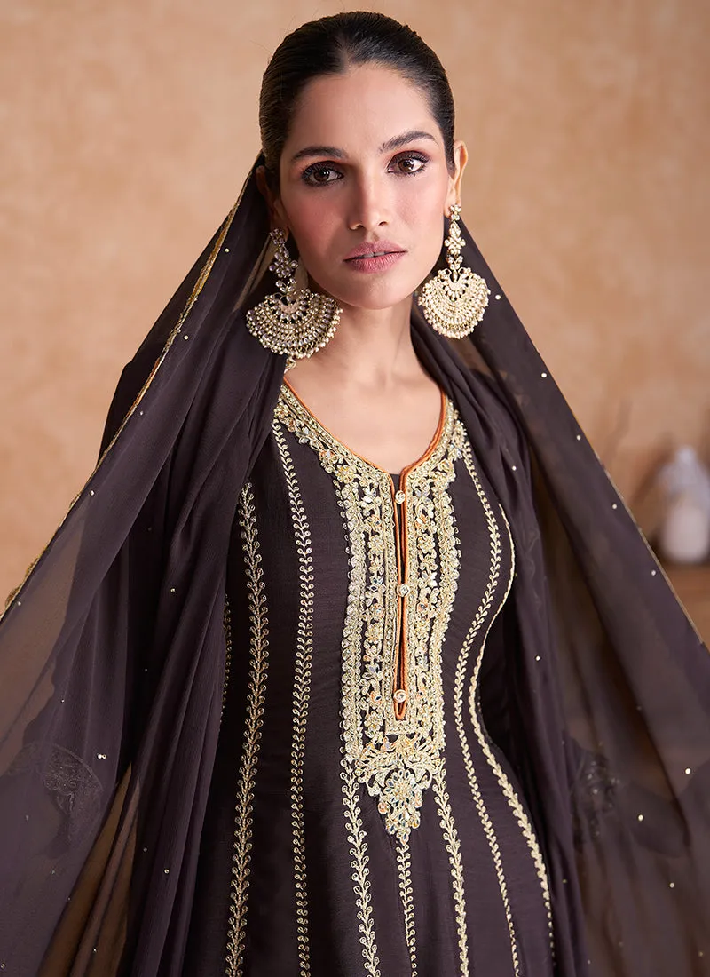 Brown Designer Embroidery Wedding Gharara Suit