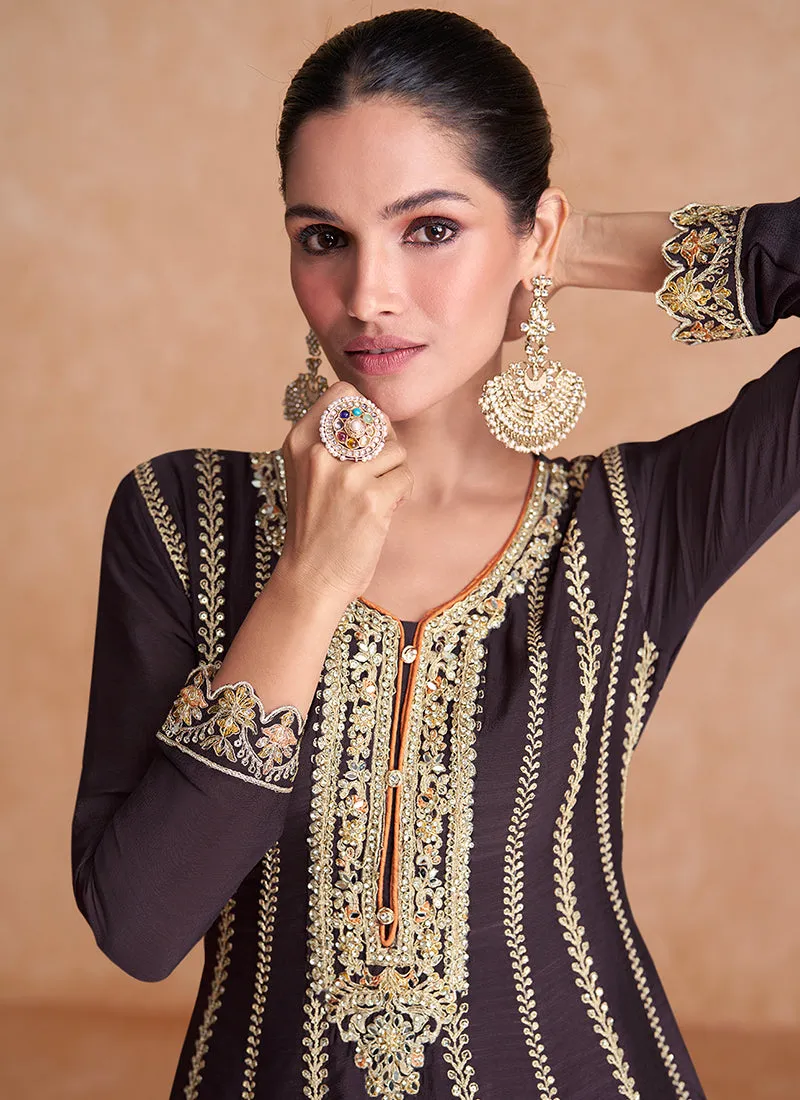 Brown Designer Embroidery Wedding Gharara Suit