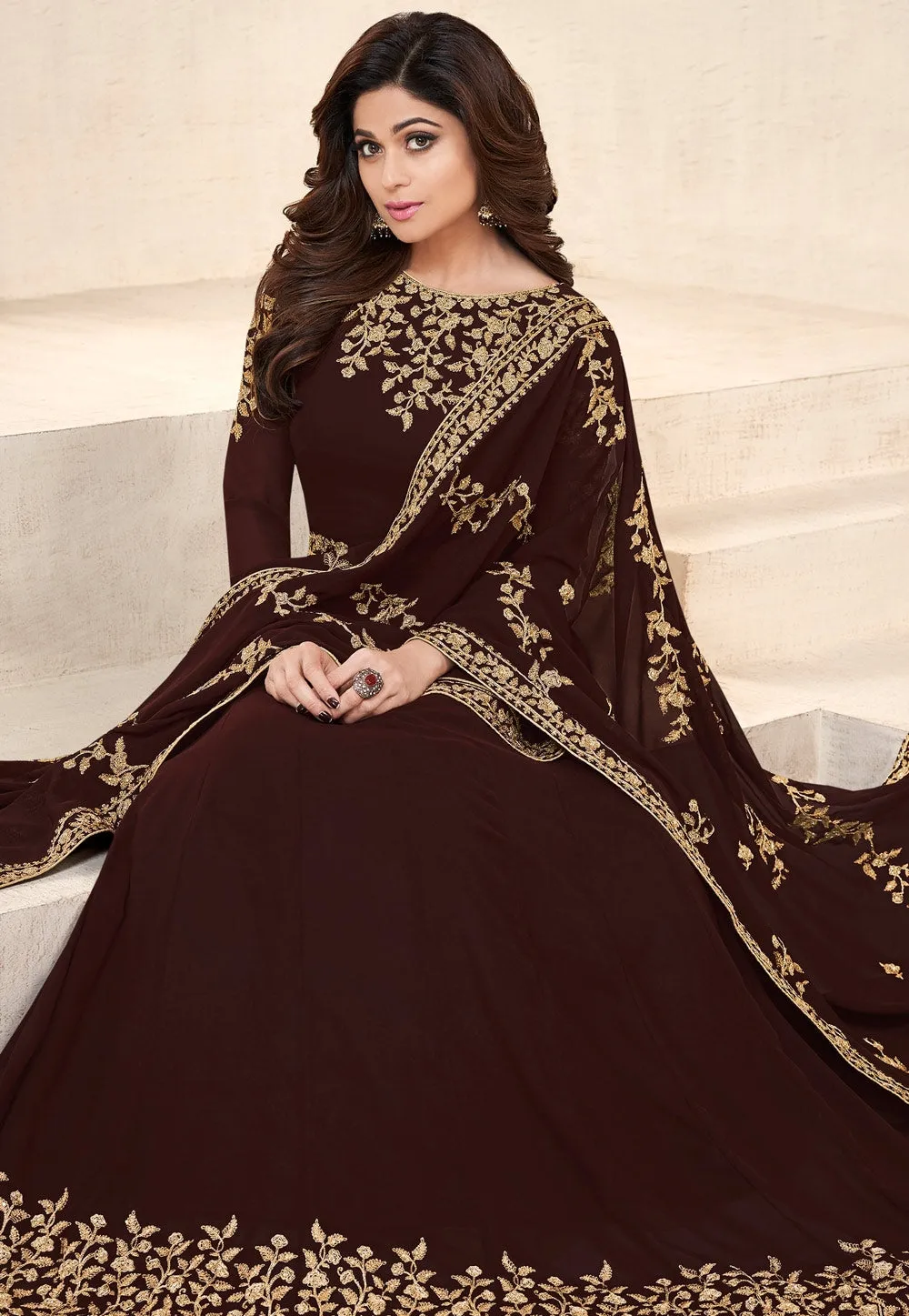 Brown Embroidered Georgette Anarkali Suit