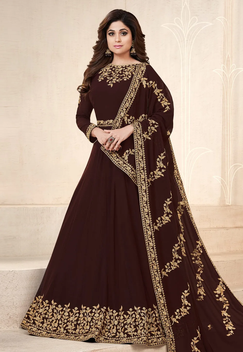 Brown Embroidered Georgette Anarkali Suit