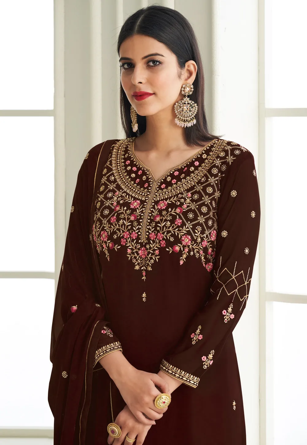 Brown Embroidered Pant Style Suit