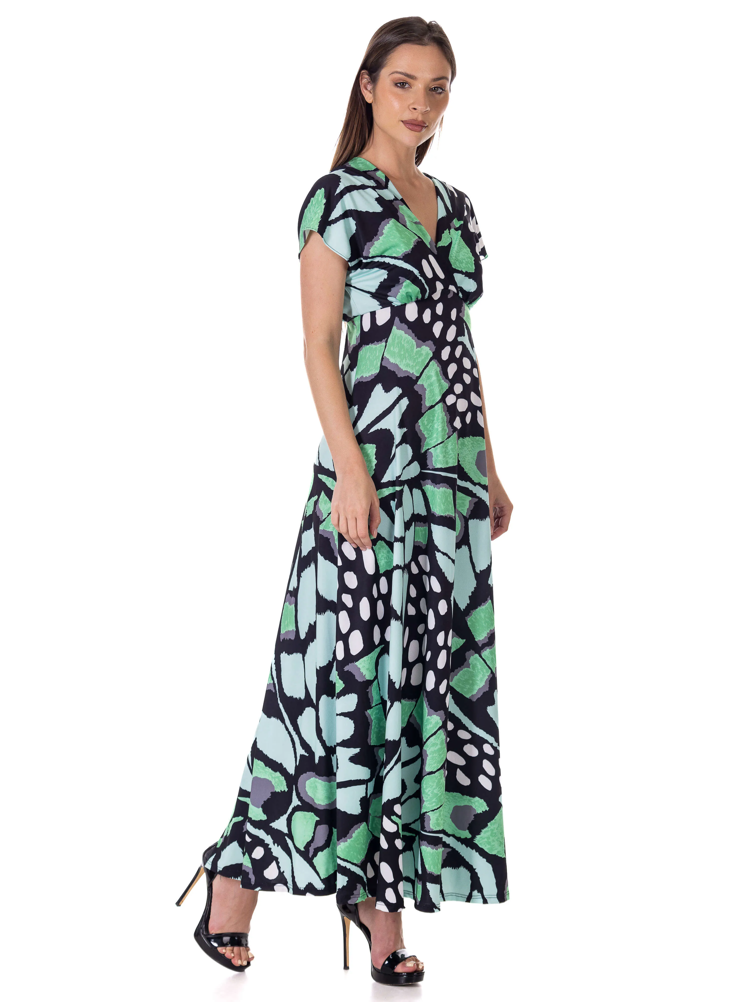 Butterfly Print V Neck Empire Waist Kimono Cap Sleeve Maxi Dress