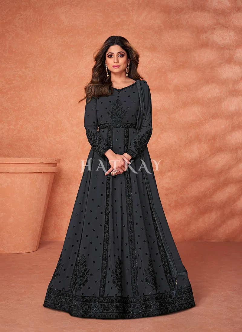 Charcoal Grey Embroidered Wedding Anarkali Suit