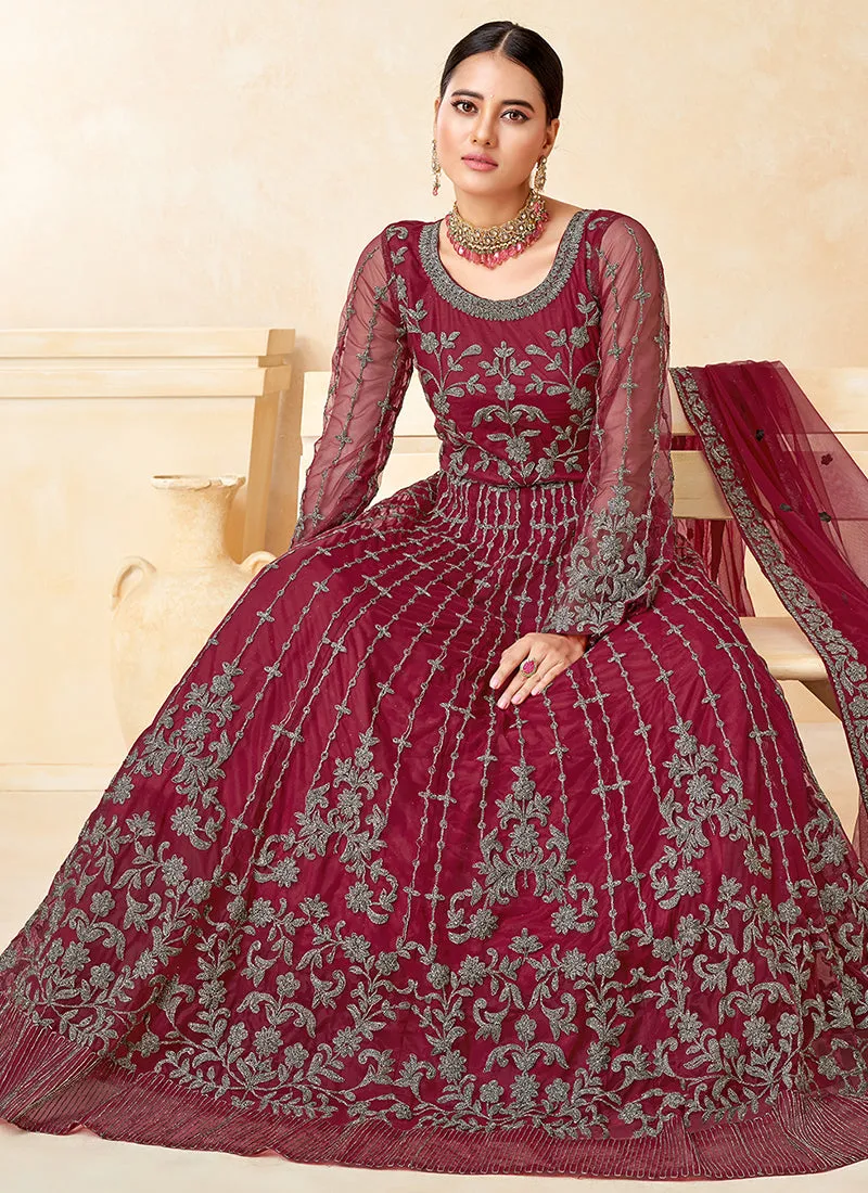 Cherry Red Embroidered Net Anarkali Dress