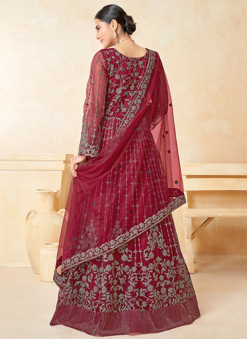 Cherry Red Embroidered Net Anarkali Dress