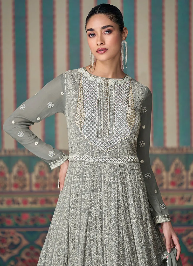 Chic Grey Chikankari Embroidery Festive Anarkali Dress