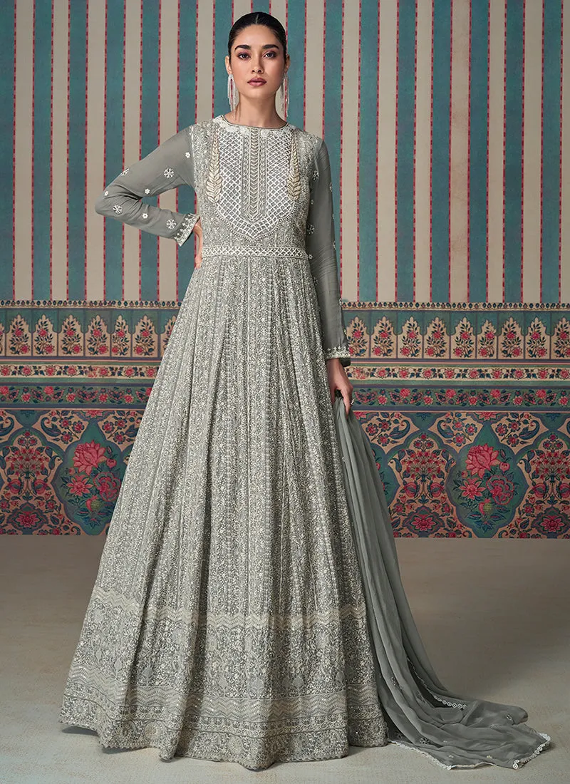 Chic Grey Chikankari Embroidery Festive Anarkali Dress