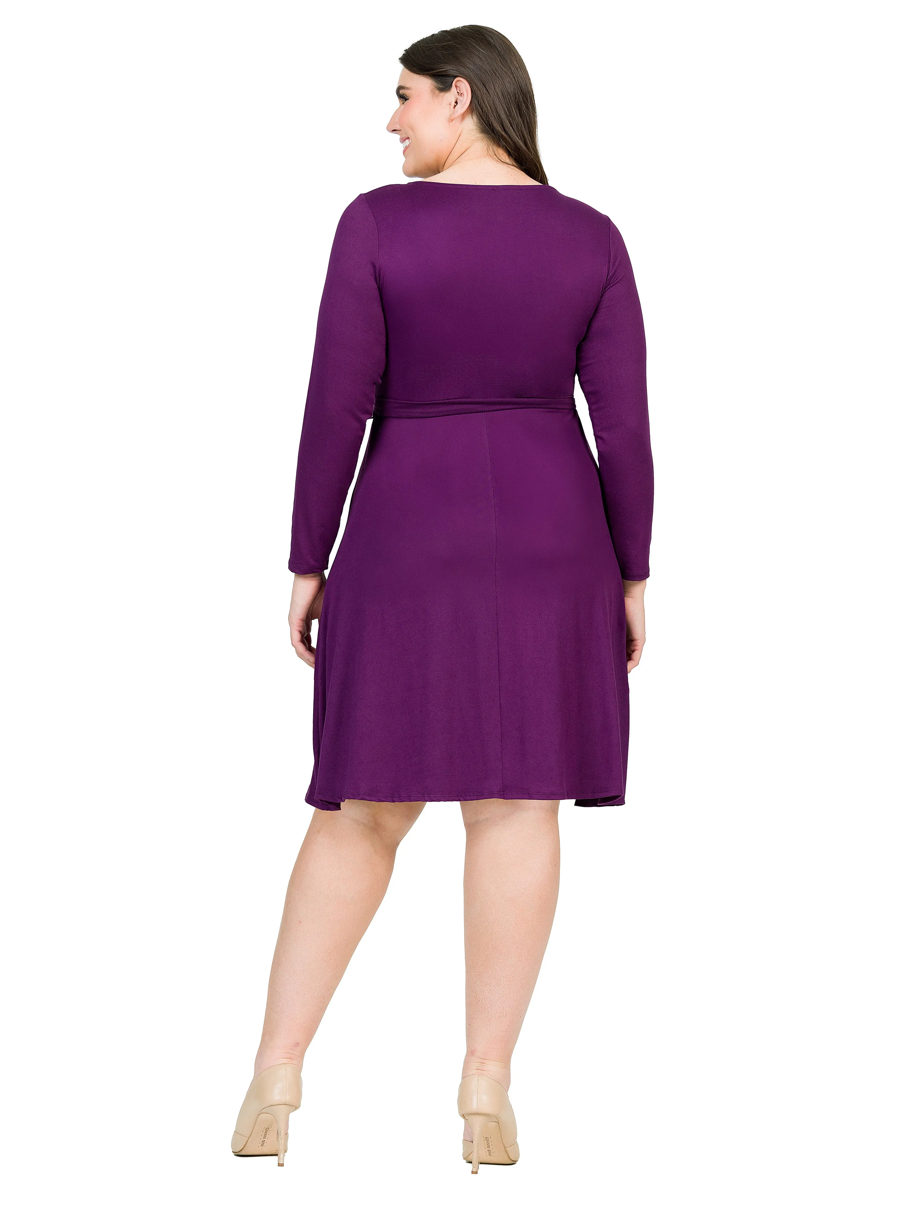 Chic V-Neck Long Sleeve Belted Plus Size Dress