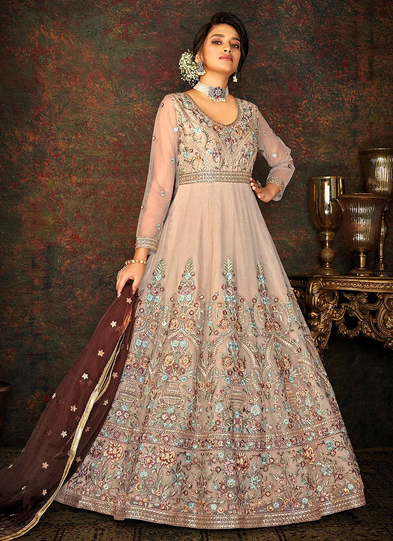 Chocolate Brown Multi Embroidered Wedding Anarkali Suit