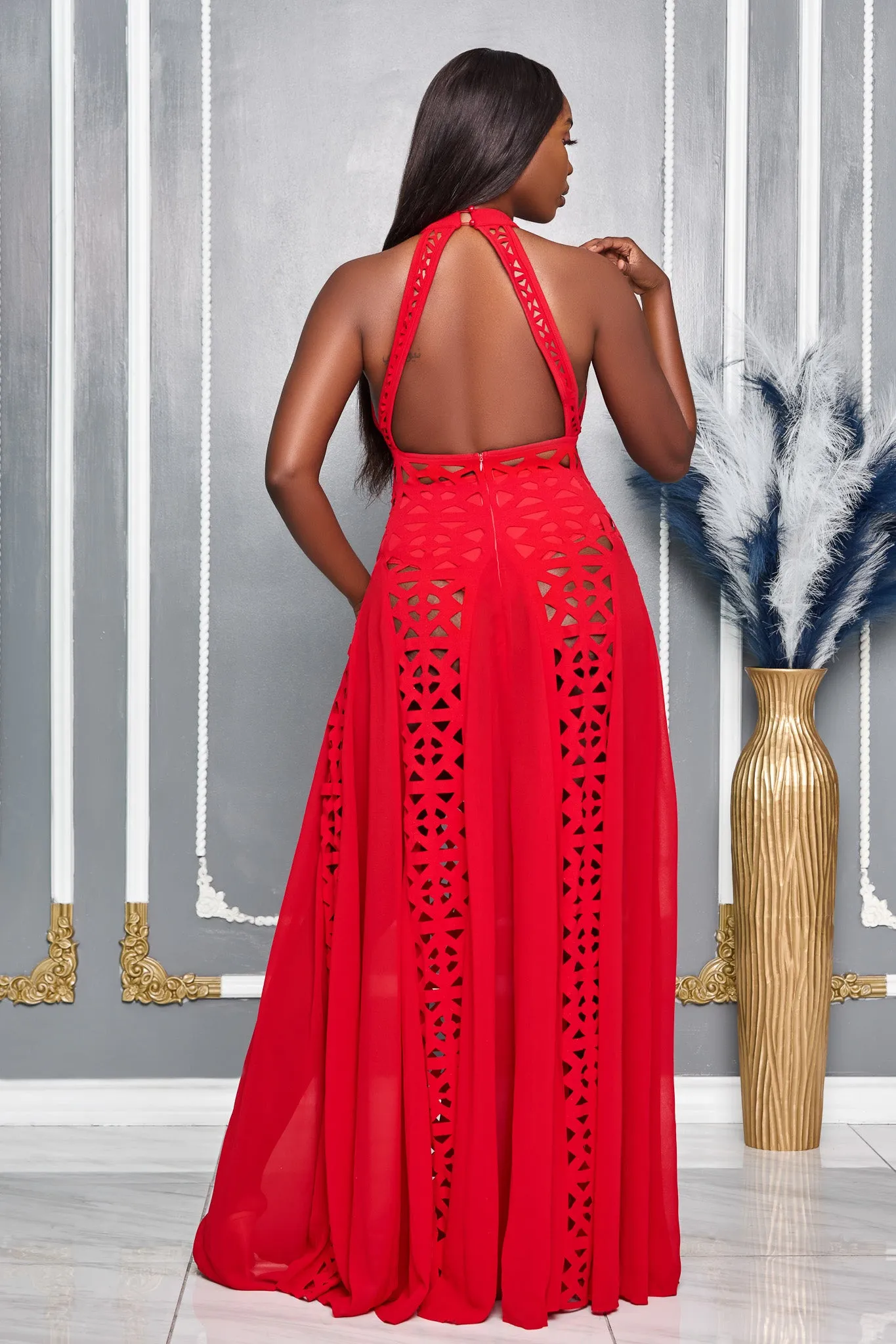 CHOKER NECK LASER CUT EYELET MAXI DRESS (RED)