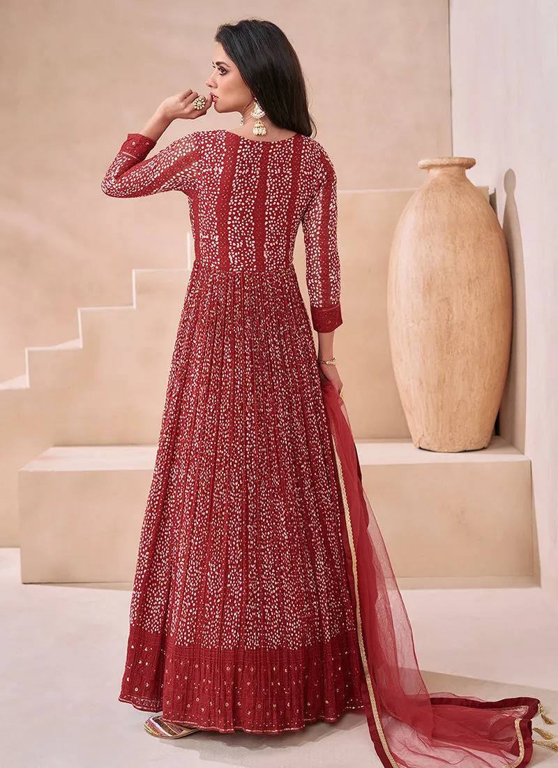 Crimson Red Designer Embroidered Anarkali Gown Dress