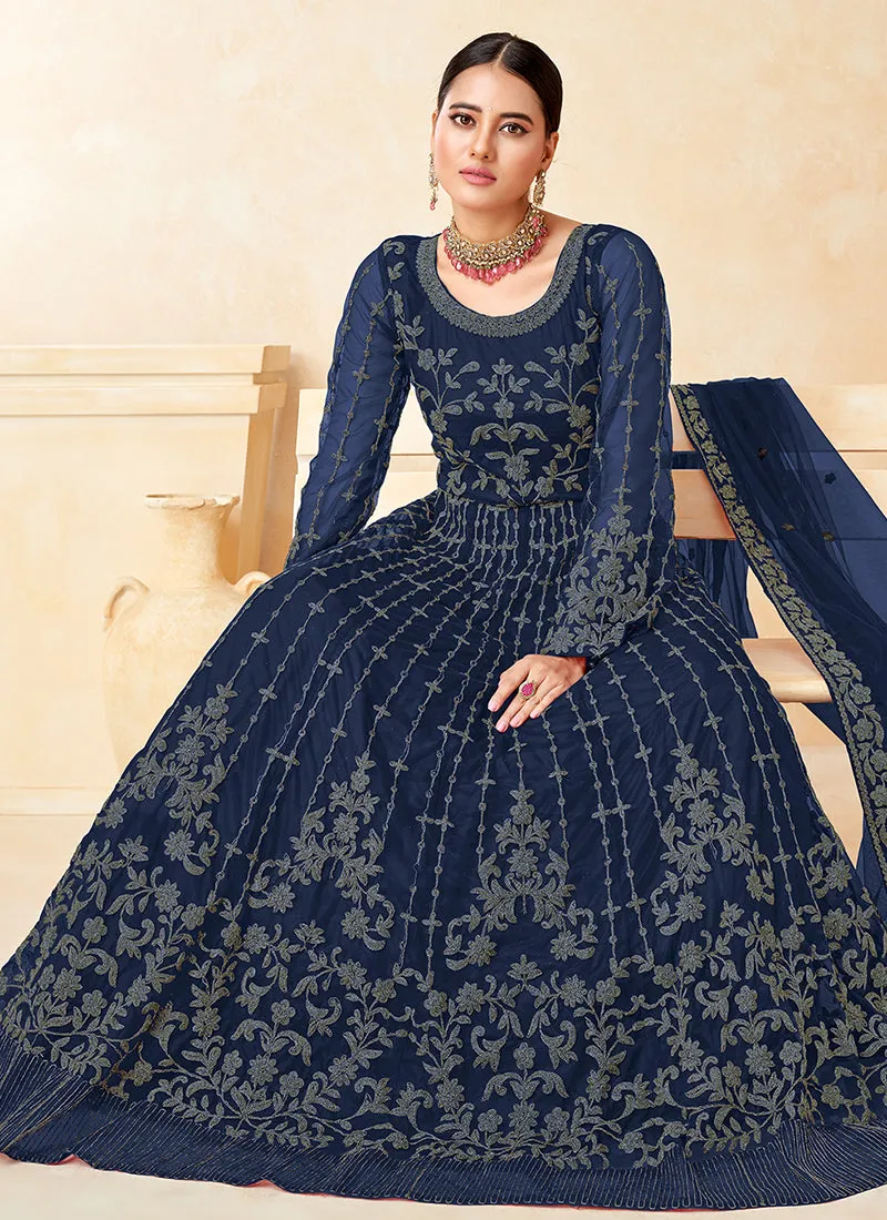 Dark Blue Embroidered Net Anarkali Dress