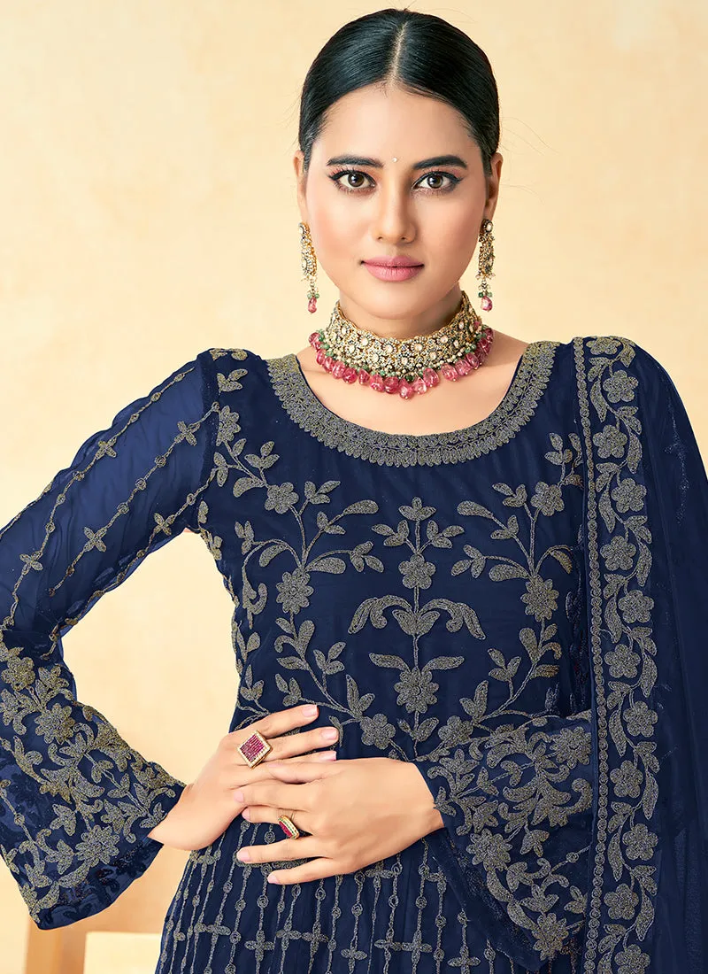 Dark Blue Embroidered Net Anarkali Dress