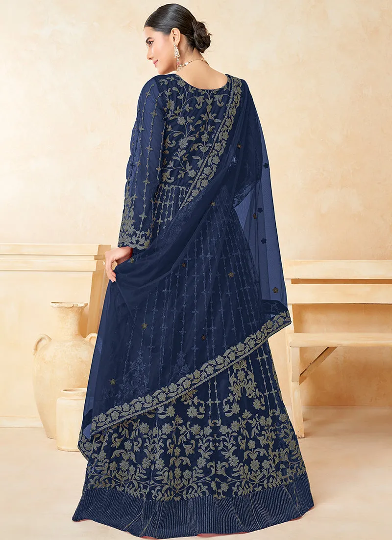 Dark Blue Embroidered Net Anarkali Dress