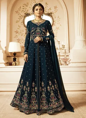 Dark Blue Ethnic Multi Embroidered Flared Anarkali Suit