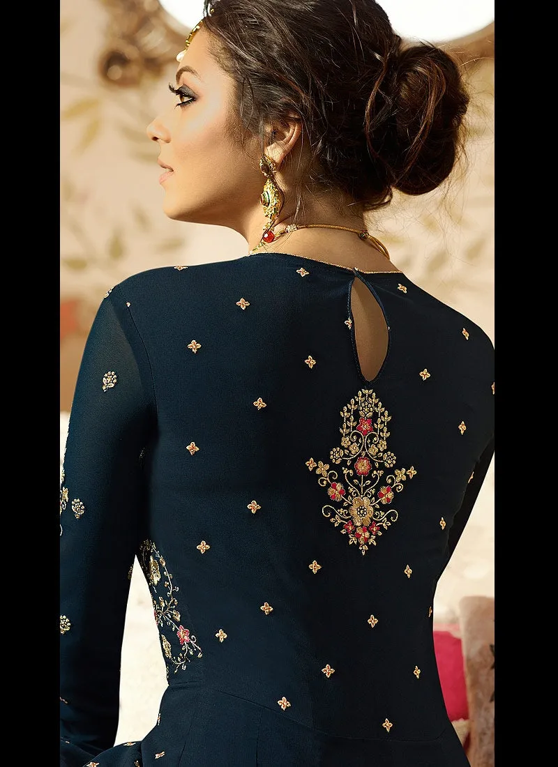 Dark Blue Ethnic Multi Embroidered Flared Anarkali Suit