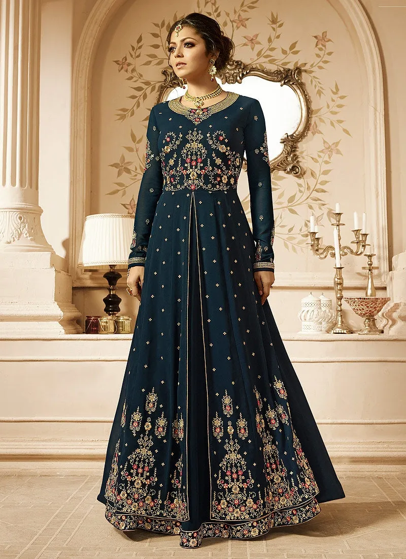 Dark Blue Ethnic Multi Embroidered Flared Anarkali Suit