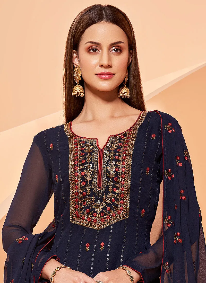 Dark Blue Georgette Palazzo Suit