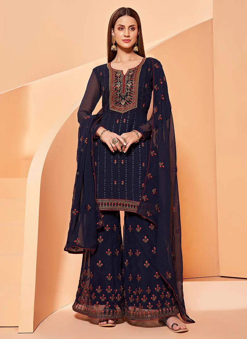 Dark Blue Georgette Palazzo Suit