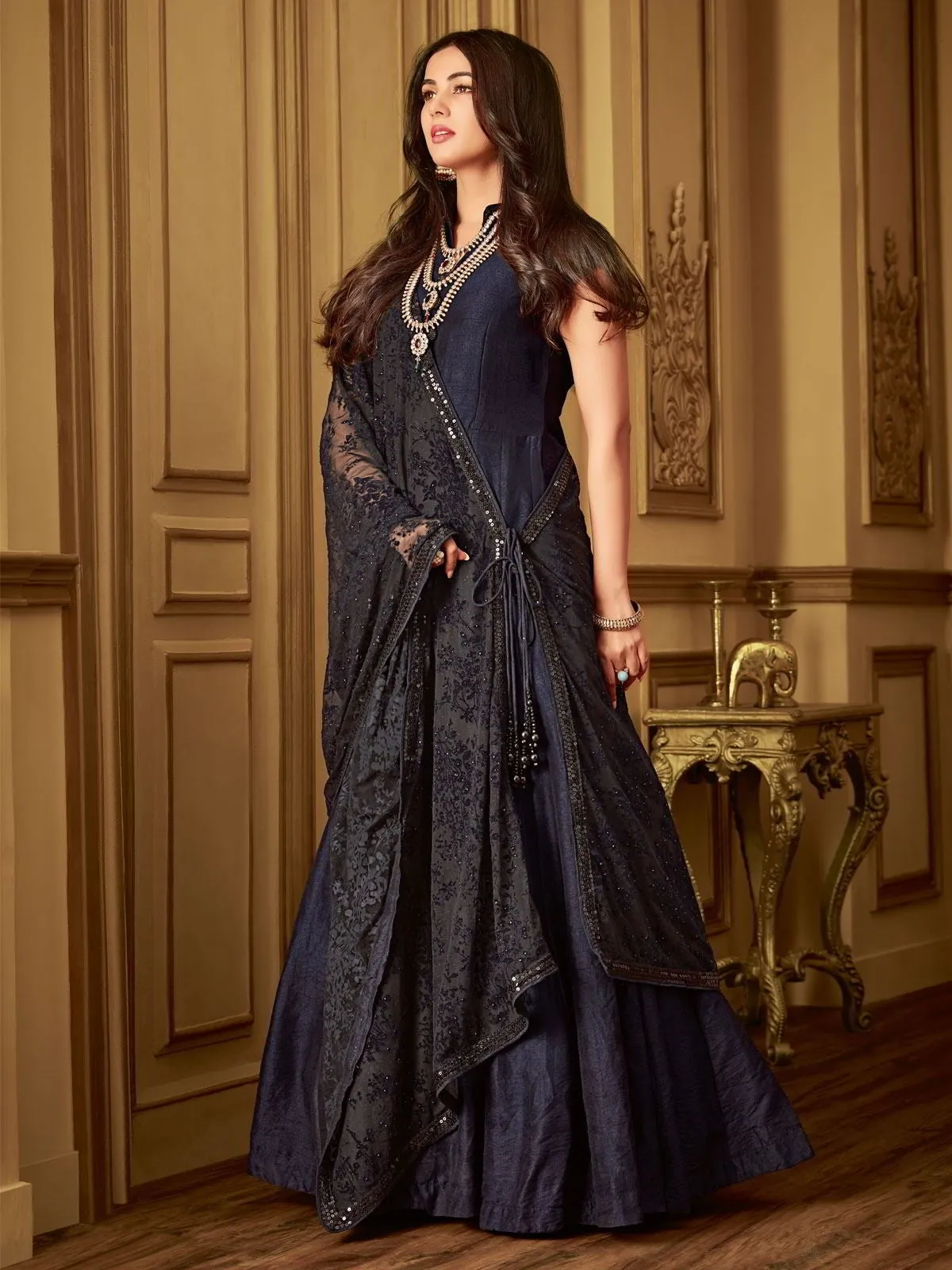 Dark Blue Minimalist Embroidered Flared Anarkali Suit