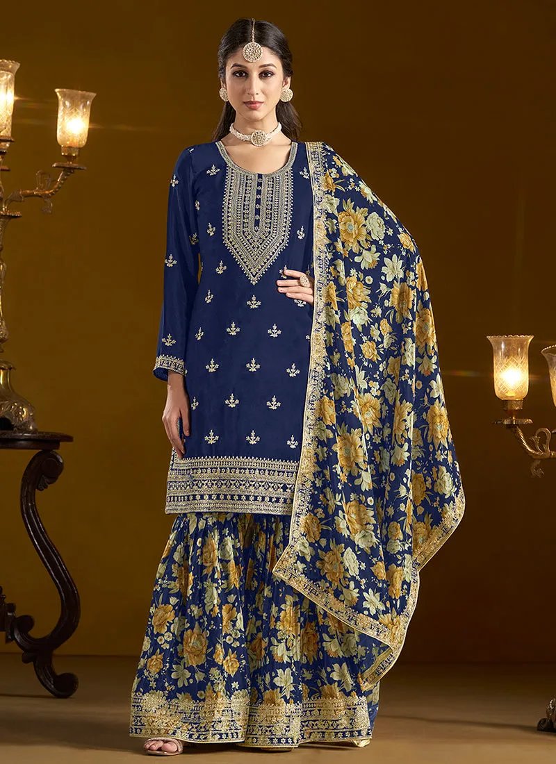 Dark Blue Traditional Embroidery Gharara Style Suit