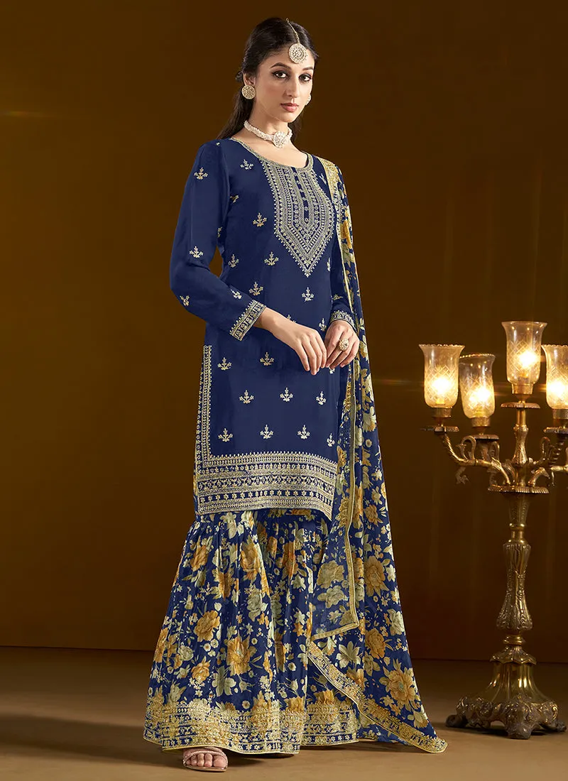 Dark Blue Traditional Embroidery Gharara Style Suit