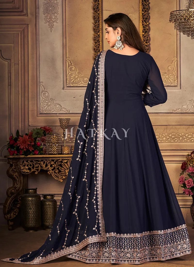 Dark Blue Zari Embroidery Traditional Anarkali Suit