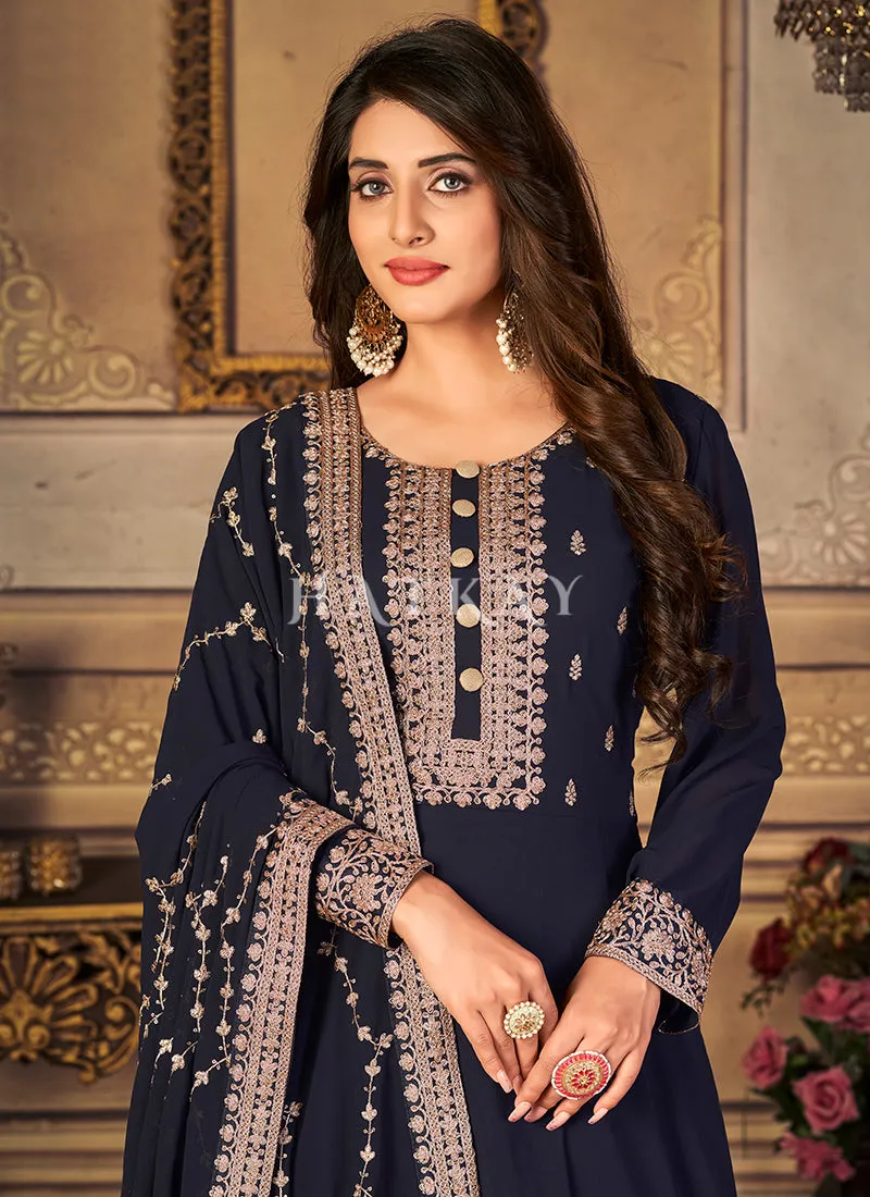 Dark Blue Zari Embroidery Traditional Anarkali Suit