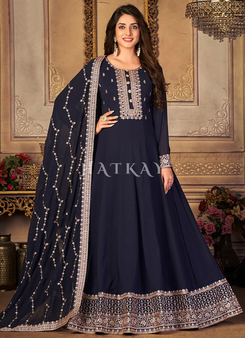 Dark Blue Zari Embroidery Traditional Anarkali Suit