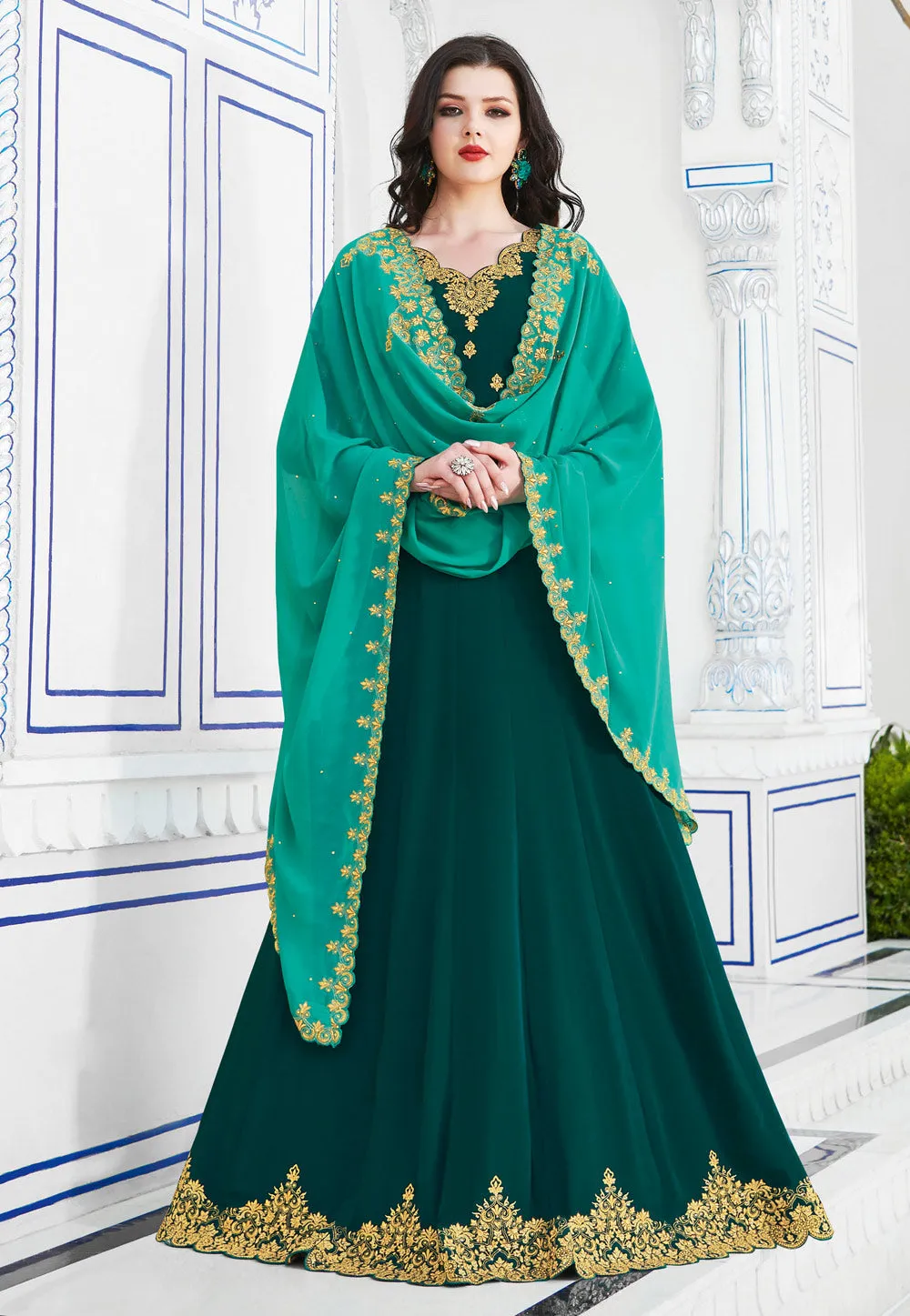 Dark Green And Rama Golden Embroidered Flared Anarkali Suit