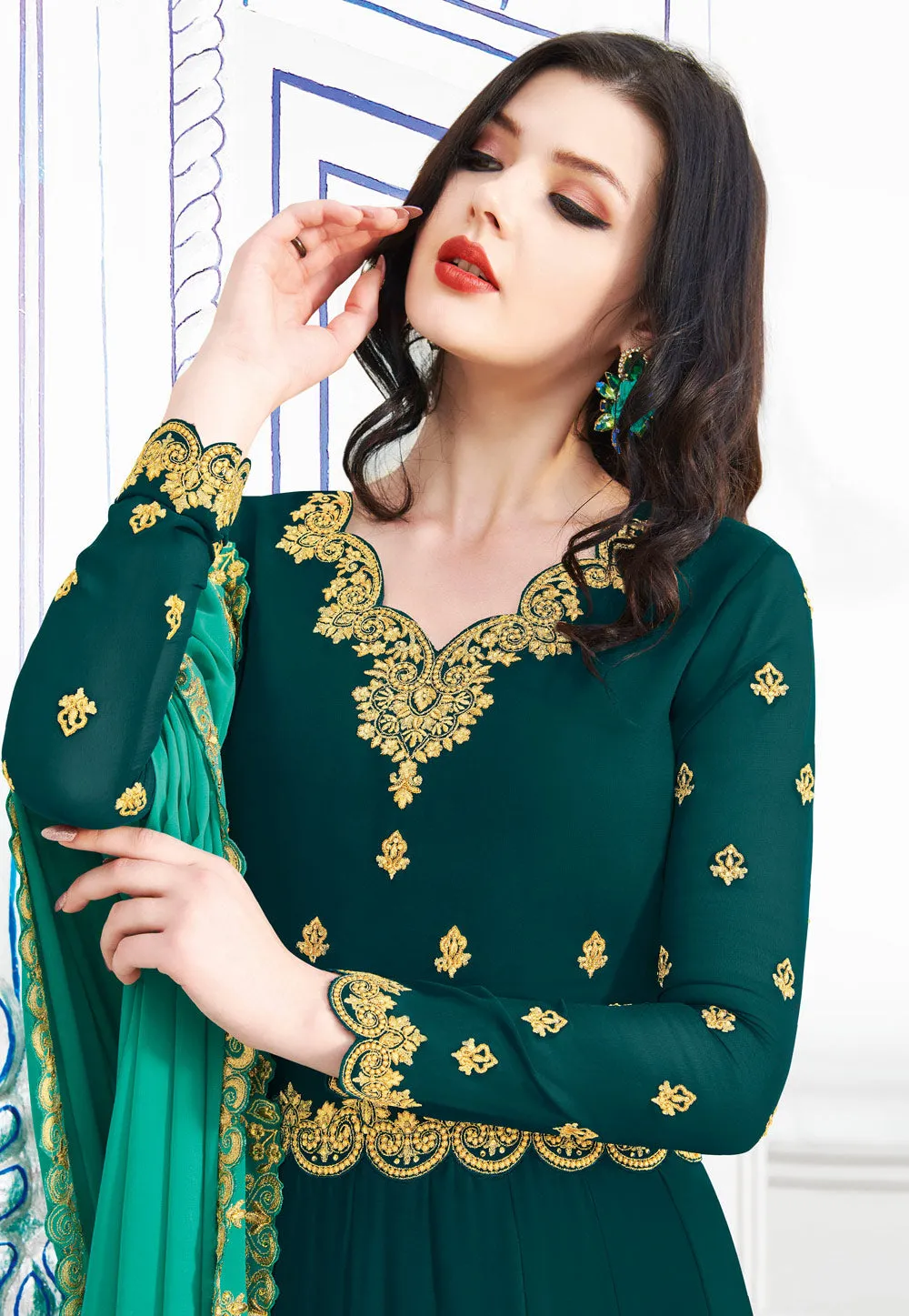 Dark Green And Rama Golden Embroidered Flared Anarkali Suit