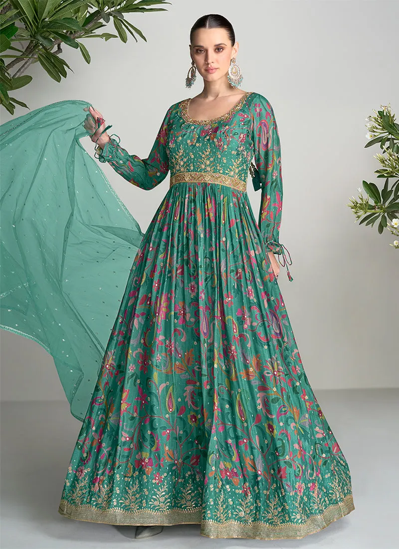 Dark Green Digital Printed Handwork Embroidered Anarkali Gown