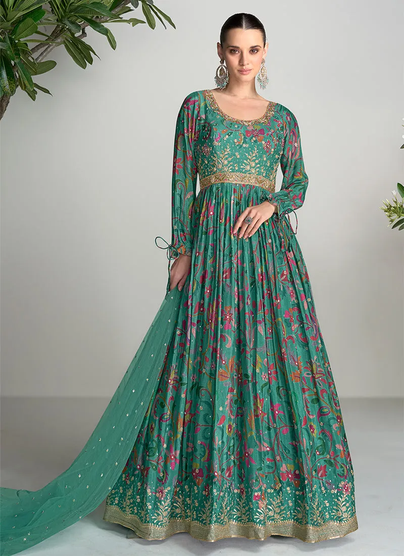 Dark Green Digital Printed Handwork Embroidered Anarkali Gown