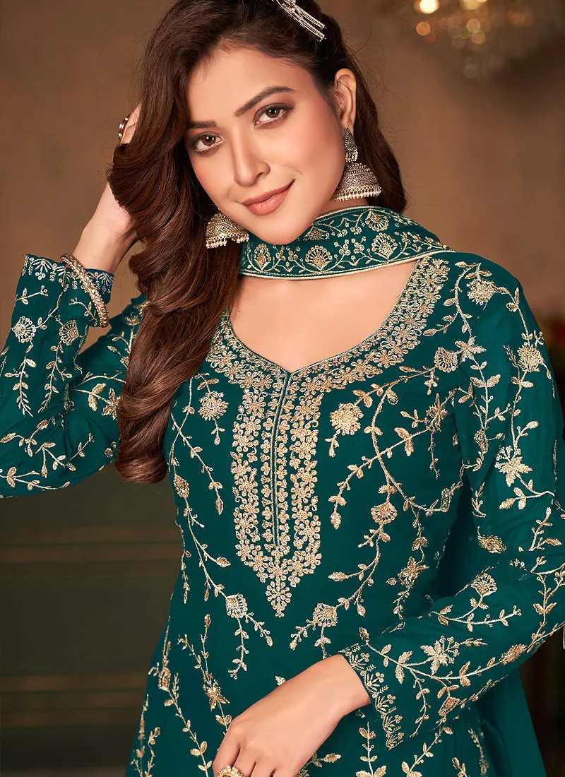 Dark Green Embroidered Designer Palazzo Suit