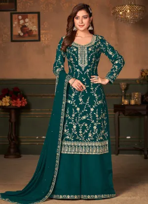 Dark Green Embroidered Designer Palazzo Suit