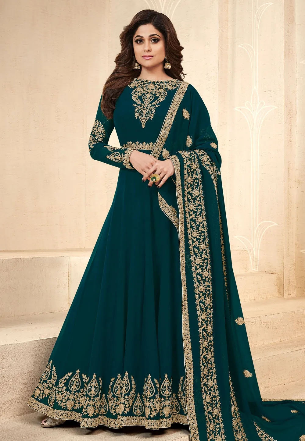 Dark Green Embroidered Georgette Anarkali Suit