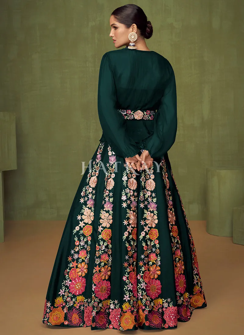 Dark Green Floral Embroidered Peplum Style Lehenga Choli