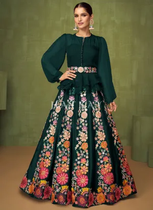 Dark Green Floral Embroidered Peplum Style Lehenga Choli