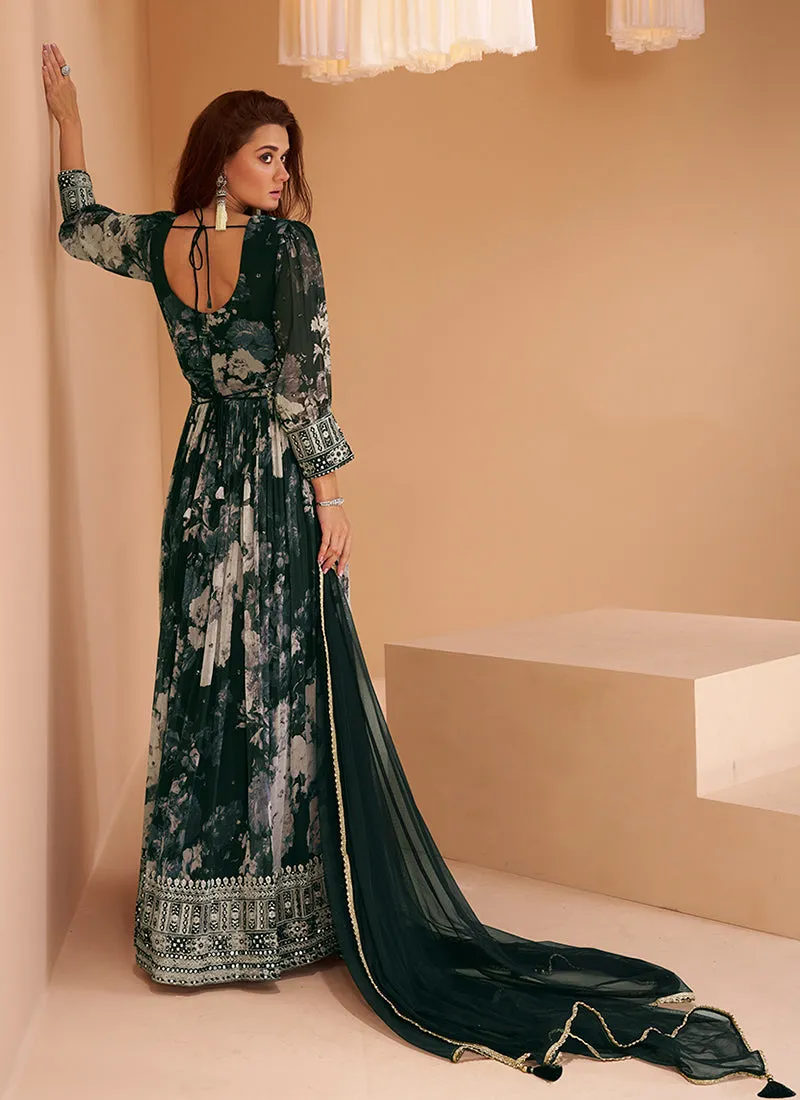 Dark Green Foil Mirror Embroidered Printed Anarkali Gown