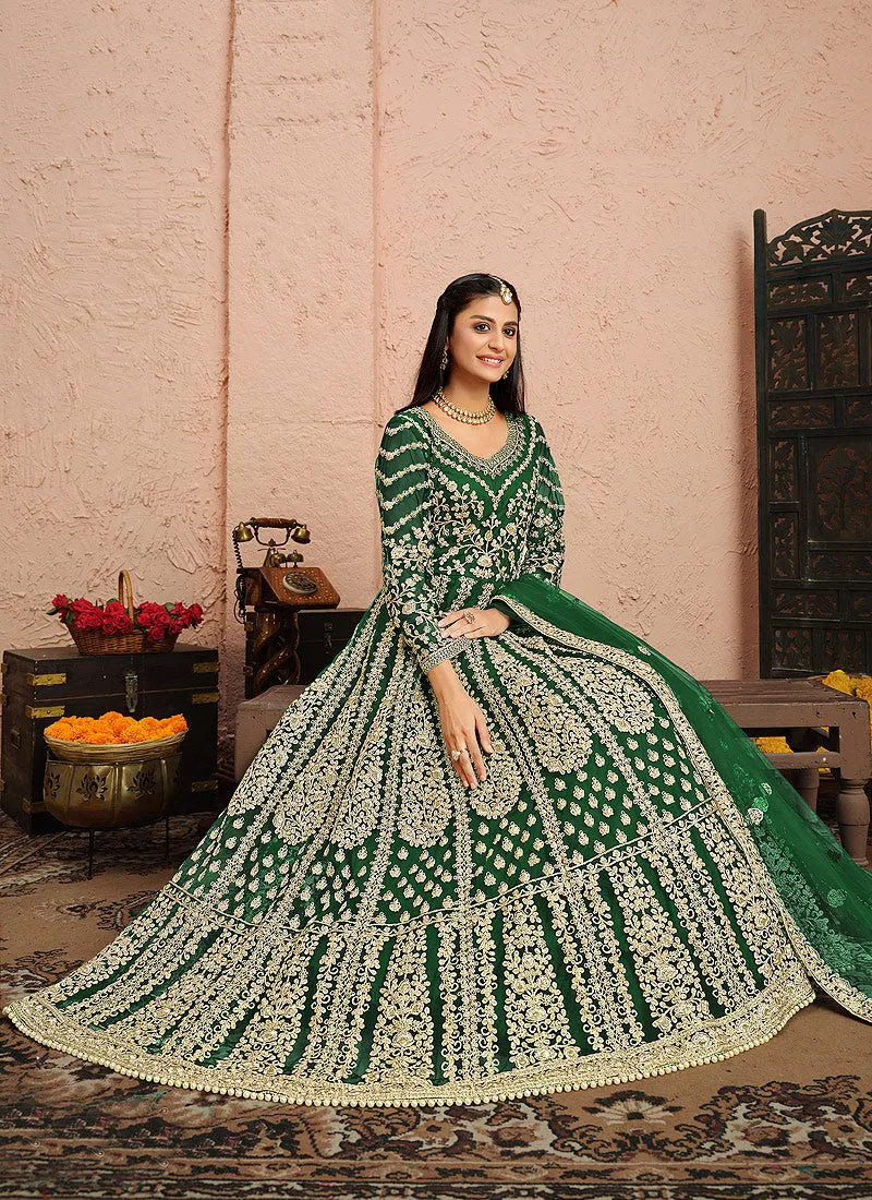 Dark Green Golden Zari Embellished Designer Anarkali Suit