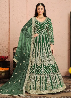 Dark Green Golden Zari Embellished Designer Anarkali Suit