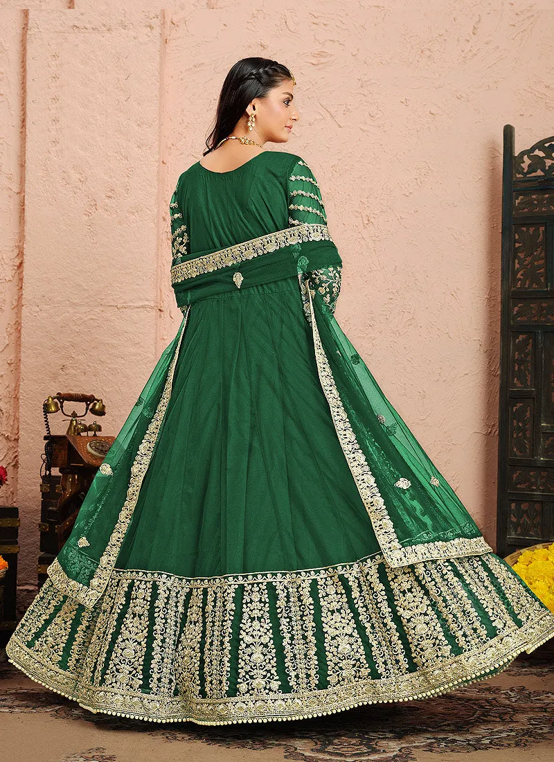 Dark Green Golden Zari Embellished Designer Anarkali Suit